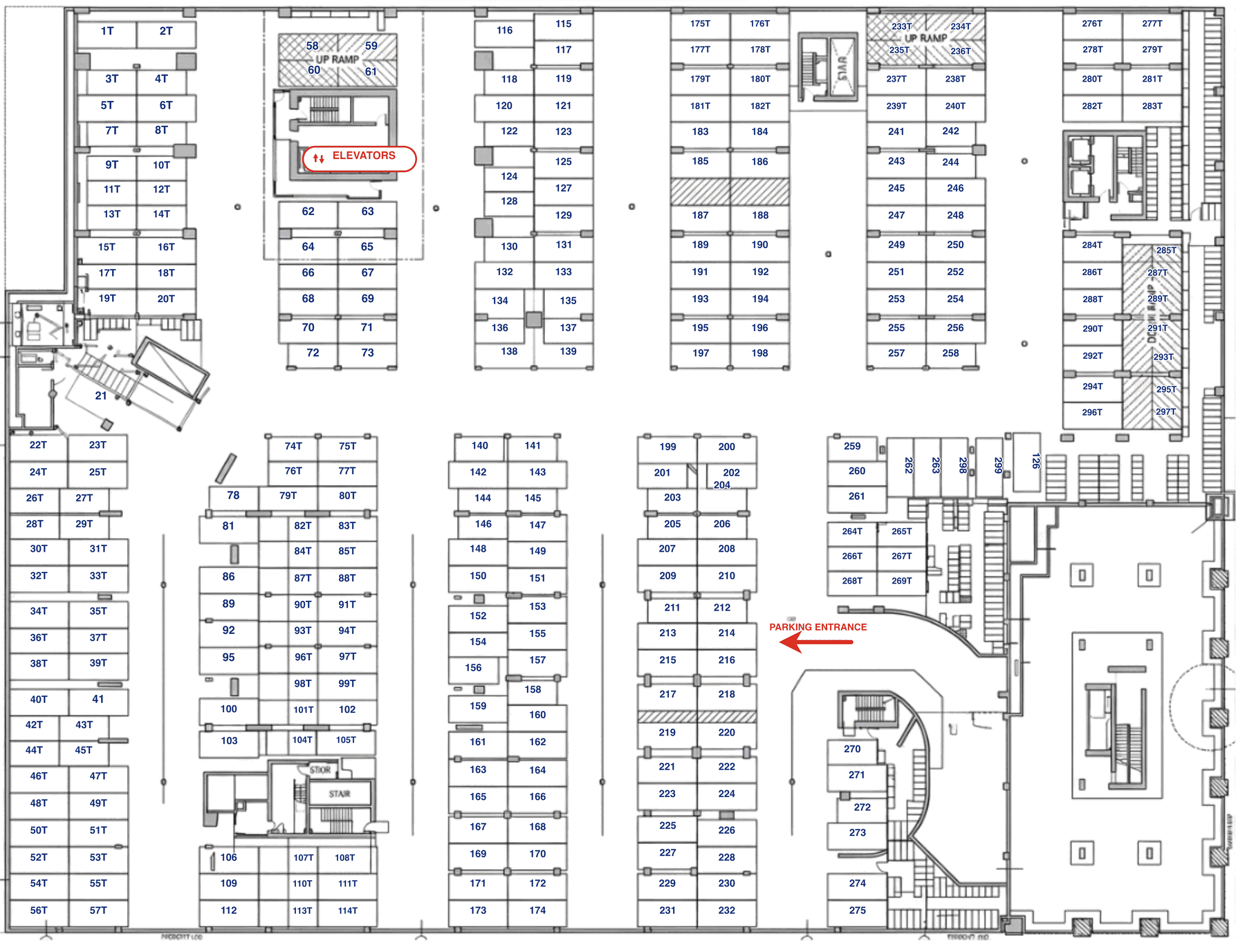 P2 parkade floor plan showing stall layout at Woodward's W43
